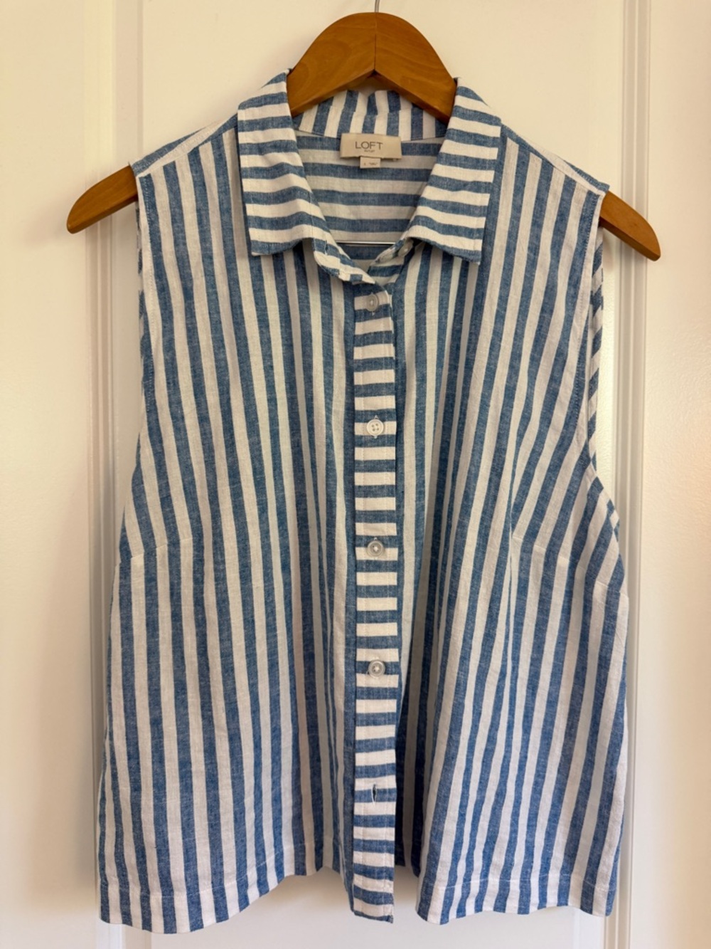 LOFT Blue & White Vertical Stripe Collared Sleeveless Shirt ~ Size Large